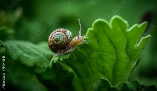 A small snail inching its way along a leafy green stem in a lush garden.
