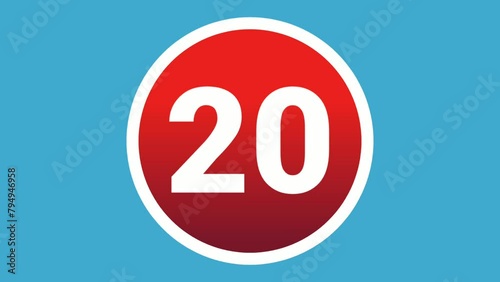 Number 20 twenty sign symbol animation motion graphics icon on red circle on blue screen background,cartoon video numbers for video elements