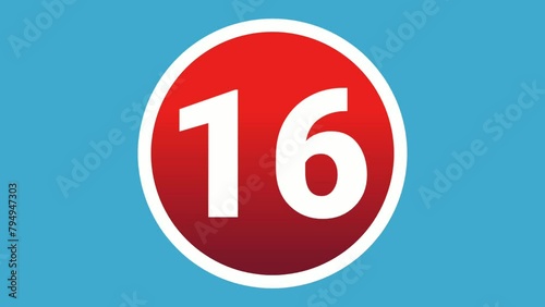 Number 16 sixteen sign symbol animation motion graphics icon on red circle on blue screen background,cartoon video numbers for video elements