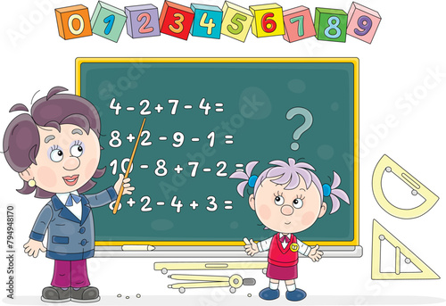 Teacher pointing to a blackboard and asking an answer to a math problem from a little schoolgirl during a mathematics lesson in primary school, vector cartoon illustration on a white background