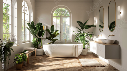 A bathroom with a large white bathtub and a lot of plants. The plants are in vases and the bathroom is very clean and bright