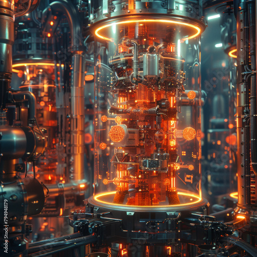 Quantum Computing Lab: Create an image of a cutting-edge quantum computing laboratory. Specify the intricate machinery, glowing qubits, and scientists working on groundbreaking algorithms.