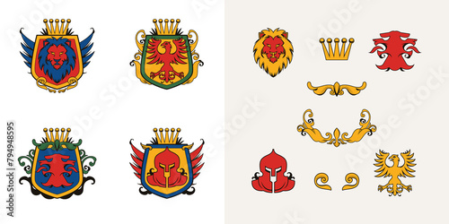Heraldic emblem icons in hand drawn design