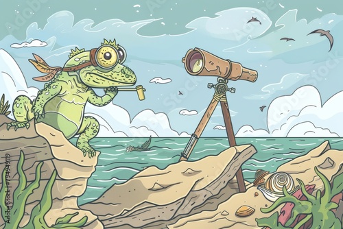 Cartoon cute doodles of a pirate lizard sunbathing on a rocky shore, with a telescope made from a rolled-up leaf and a spyglass made from a snail shell, Genererative AI photo