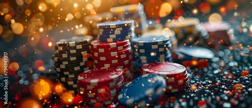 Intense Casino Game Sees High-Stakes Poker Chips Thrown Into Pot. Concept Casino Games, High-Stakes Poker, Poker Chips, Intense Competition photo