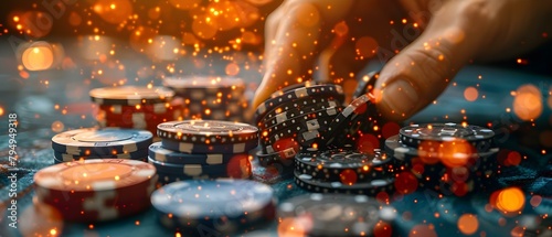 Tense Casino Game: High-Stakes Poker Chips Thrown Into the Pot. Concept High-Stakes Poker, Tense Casino Game, Poker Chips, Gambling Thrills, Intense Competition photo