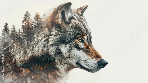Wolf head closeup portrait graphic design double exposure with mountain forest landscape overlay