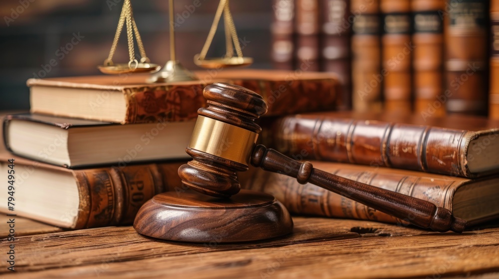 Gavel and Scales of Justice on Law Books. A close-up view of a wooden gavel and scales of justice atop open legal books on a desk, symbolizing law and judiciary. Gavel and Scales of Justice on Law Books. A close-up view of a wooden gavel and scales of justice atop open legal books on a desk, symbolizing law and judiciary.