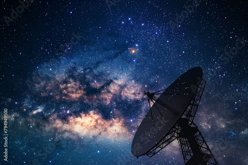 Low angle shot of a satellite antenna array reaching up into the starry Milky Way sky