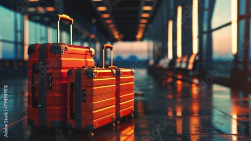 Orange suitcases against airport sunset light - Vivid orange suitcases stand out against the airport's reflected sunset light photo