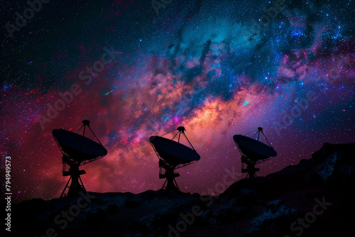 Silhouetted satellite dishes against the vibrant hues of the Milky Way galaxy