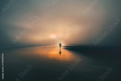 Long exposure of a person walking along the beach with a glowing horizon behind them.