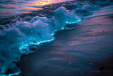 A serene shot of a bioluminescent wave crashing gently onto the shore, capturing the surreal beauty of nature.