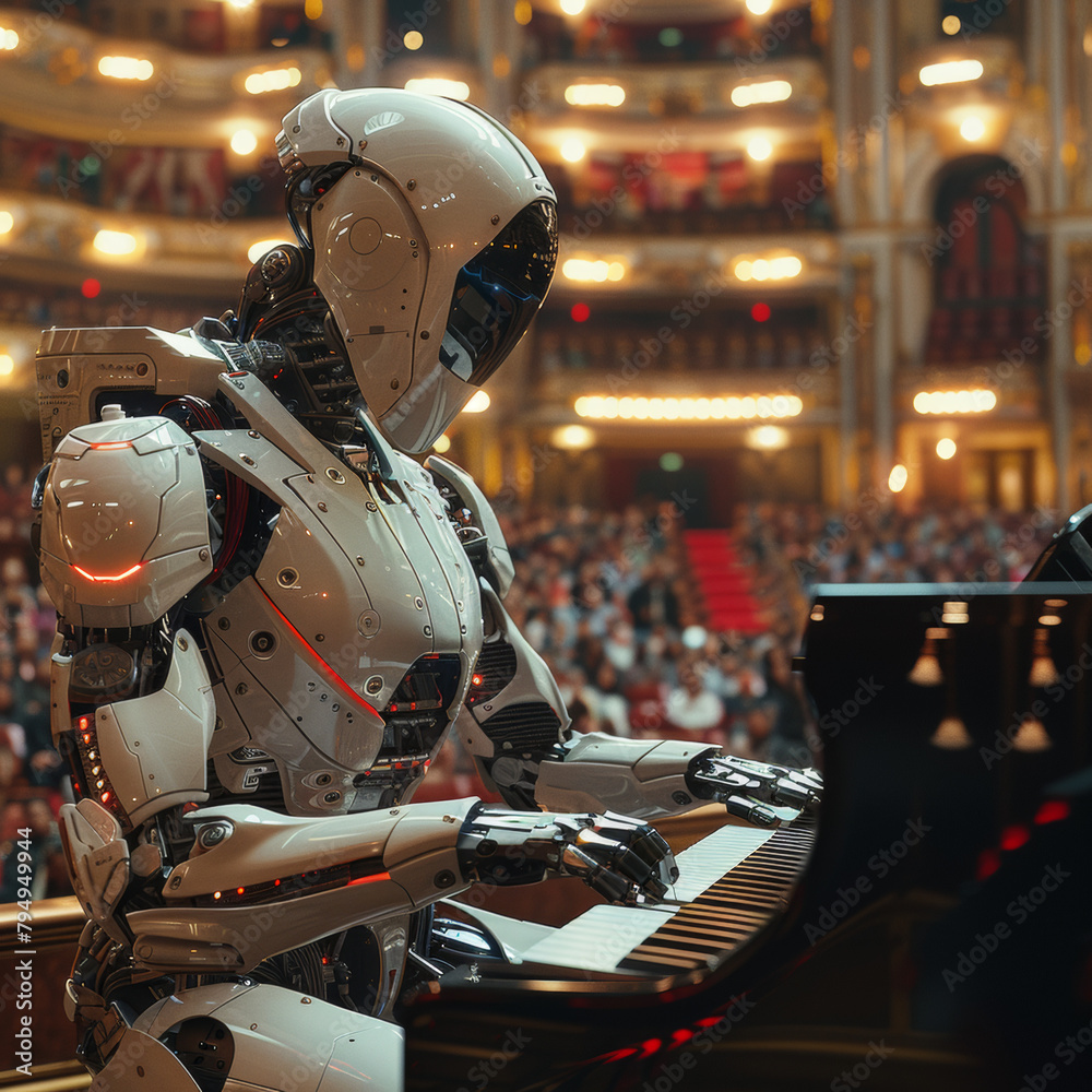AI Composerâ€™s First Symphony: Show an AI sitting at a grand piano in ...