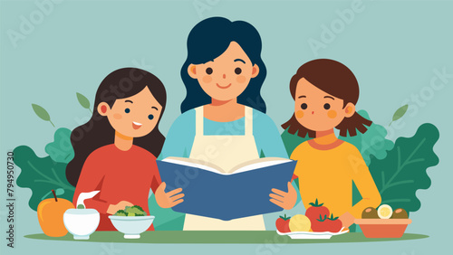 A mother and her daughters flip through a cookbook filled with affordable and healthy recipes to prepare while on their debtfree girls weekend.