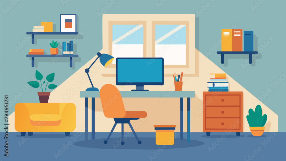 A cozy and functional corner of the living room is transformed into a makeshift home office complete with a simple yet efficient desk A cozy and functional corner of the living room is transformed into a makeshift home office complete with a simple yet efficient desk