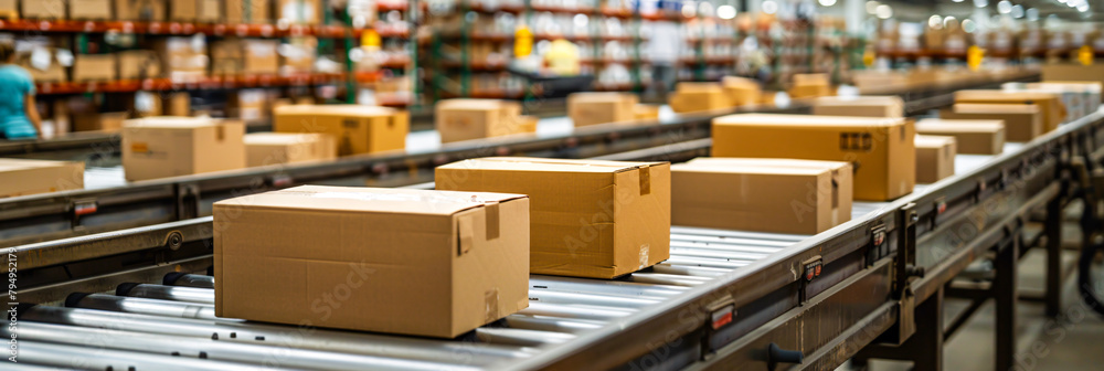 Automated packaging process in an industrial warehouse with cardboard boxes Automated packaging process in an industrial warehouse with cardboard boxes
