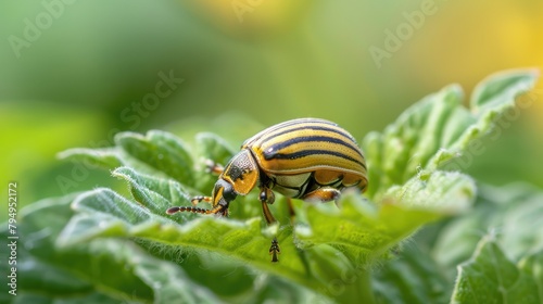 Colorado beetle sitting on foliage close-up