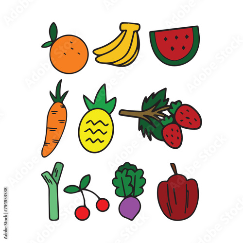 Set of cute fruit vector illustrations on white background. Colorful hand-drawn fruits elements 