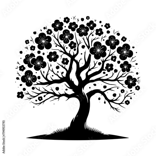 Plum Tree Vector Silhouette- Embodies the Serene Beauty of Nature's Fruitful Bounty- Plum Tree Illustration