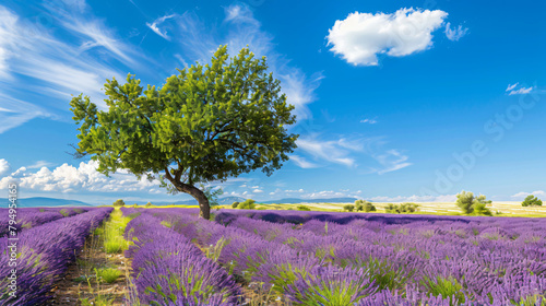 Lavender field with tree and the blue sky