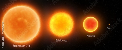 Red supergiants and a yellow dwarf. The largest stars in the universe are near the sun. Composite image of stars on a black background.