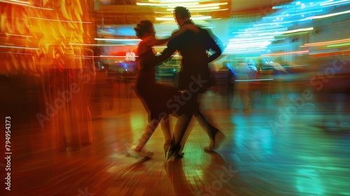 Dynamic movement of a tango couple as they spin and twirl