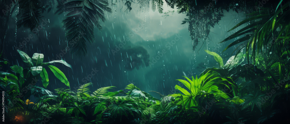 vibrant jungle scene with raindrops, minimalist with copy space, photorealistic