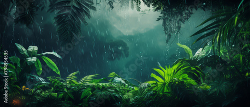 vibrant jungle scene with raindrops, minimalist with copy space, photorealistic