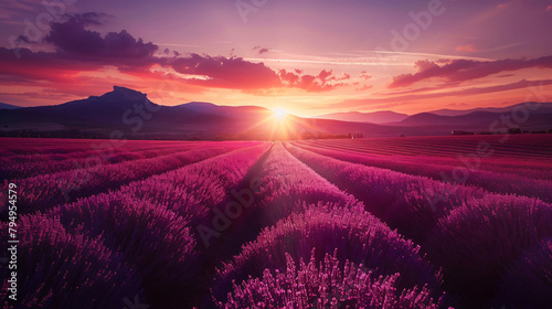 Lavender fields at sunset in Provence France.  photo