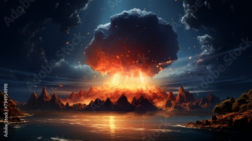 Meteor striking an uninhabited island, creating a massive explosion, photorealistic,