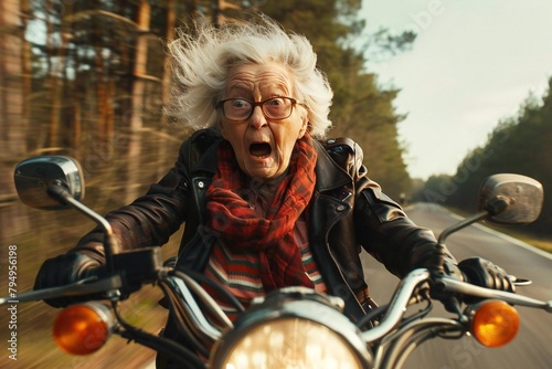 Elderly woman riding speedy motorbike in fear of speed