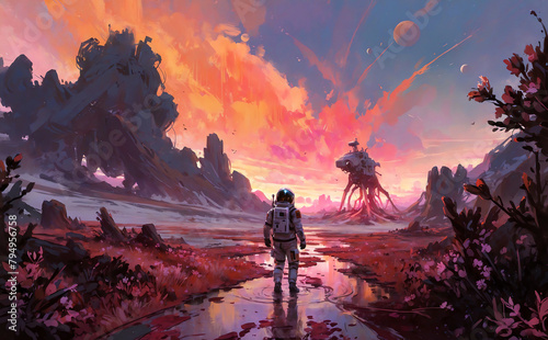 Digital Painting. An astronaut approaches a creature on a new planet.