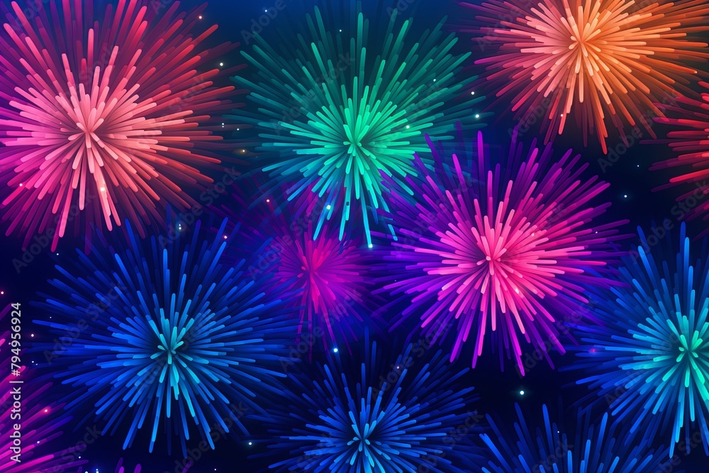 Dazzling Firework Gradient Explosions: Radiant Night Colored Spectacle