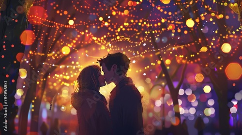 Illustration of a couple sharing a kiss under a canopy of twinkling fairy lights