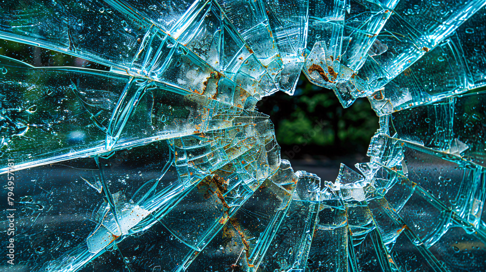 Abstract of a broken window, themes of violence and vandalism, cracked glass - obrazy, fototapety, plakaty 