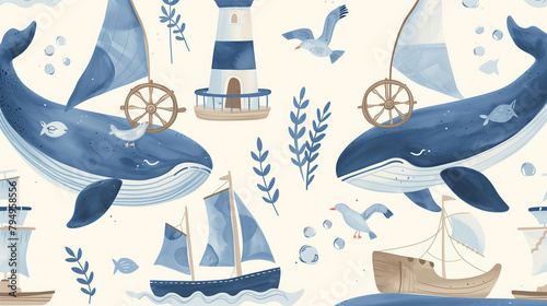 Whimsical Nautical Watercolor Pattern with Whales, Ships, and Lighthouse photo