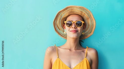 Summer holiday concept. Beautiful young girls in a hat and sunglasses. Advertising background with joyful resting people.