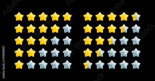 Vector 3d five star product rating icon set on black background. Realistic cartoon 3d render feedback, customer review concept. Yellow stars from one to five with half star for web, ui, game, app