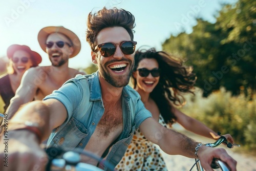 Happy people socializing on outdoor summer bike adventure