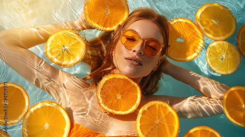 Summer holiday concept. Beautiful young girls in a hat and sunglasses. Advertising background with joyful resting people.