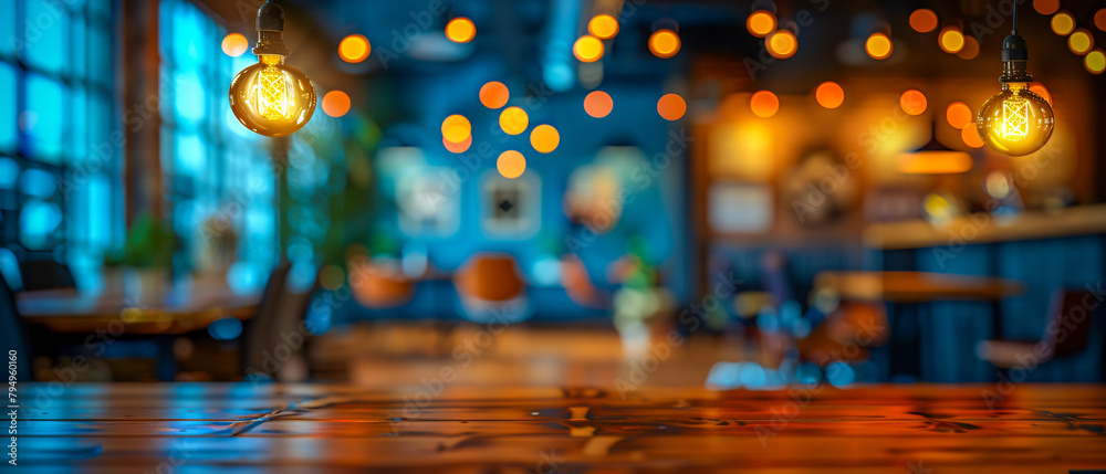 Blurred bokeh lights over a wooden bar table, abstract background in a pub setting