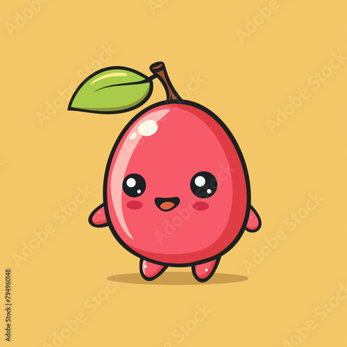 A cartoon fruit with a green leaf on top