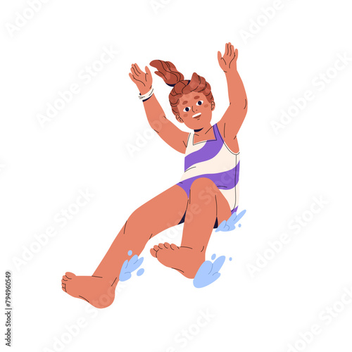 Happy kid slides on waterslide with hands up and splashing with water. Excited child playing in swimming pool. Little girl in swimsuit has fun, rejoices. Flat isolated vector illustration on white