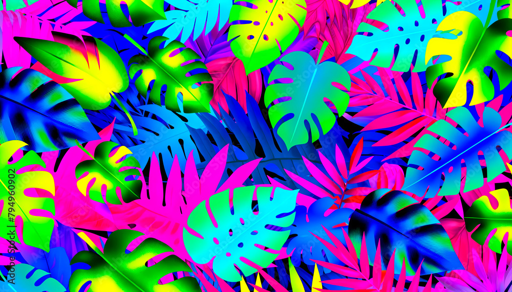 Explosion of neon tropical leaves in a dazzling array of pink, blue, and green, perfect for dynamic designs and bold decor. Features copy space