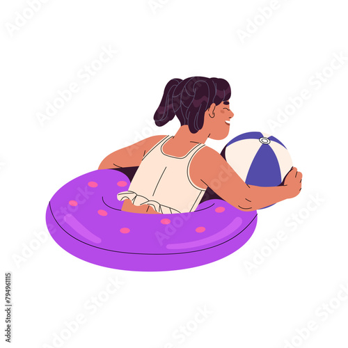 Happy kid floating on inflatable circle in water. Little girl playing with rubber ball in swimming pool. Cute child has fun on lifebouy in summer. Flat isolated vector illustration on white background