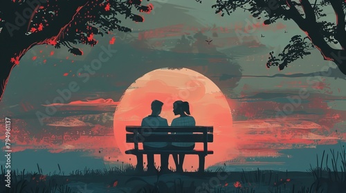 Vintage-style illustration of a couple sitting together on a bench