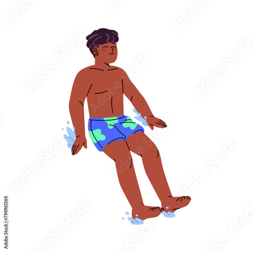 Happy boy slides on waterslide and splashing with water. Cute child playing, has fun in swimming pool. Funny kid in swimsuit smiles, rejoices. Flat isolated vector illustration on white background