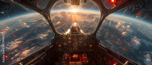 Inside a fighter jet cockpit during intense aerial combat in war. Concept Military aircraft, Aerial combat, Fighter jet cockpit, Intense action, War scene photo