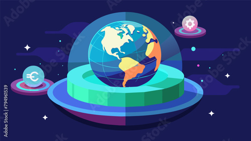 A holographic representation of a globe shows the widespread usage of cryptocurrencies symbolizing the evolving nature of currency and its